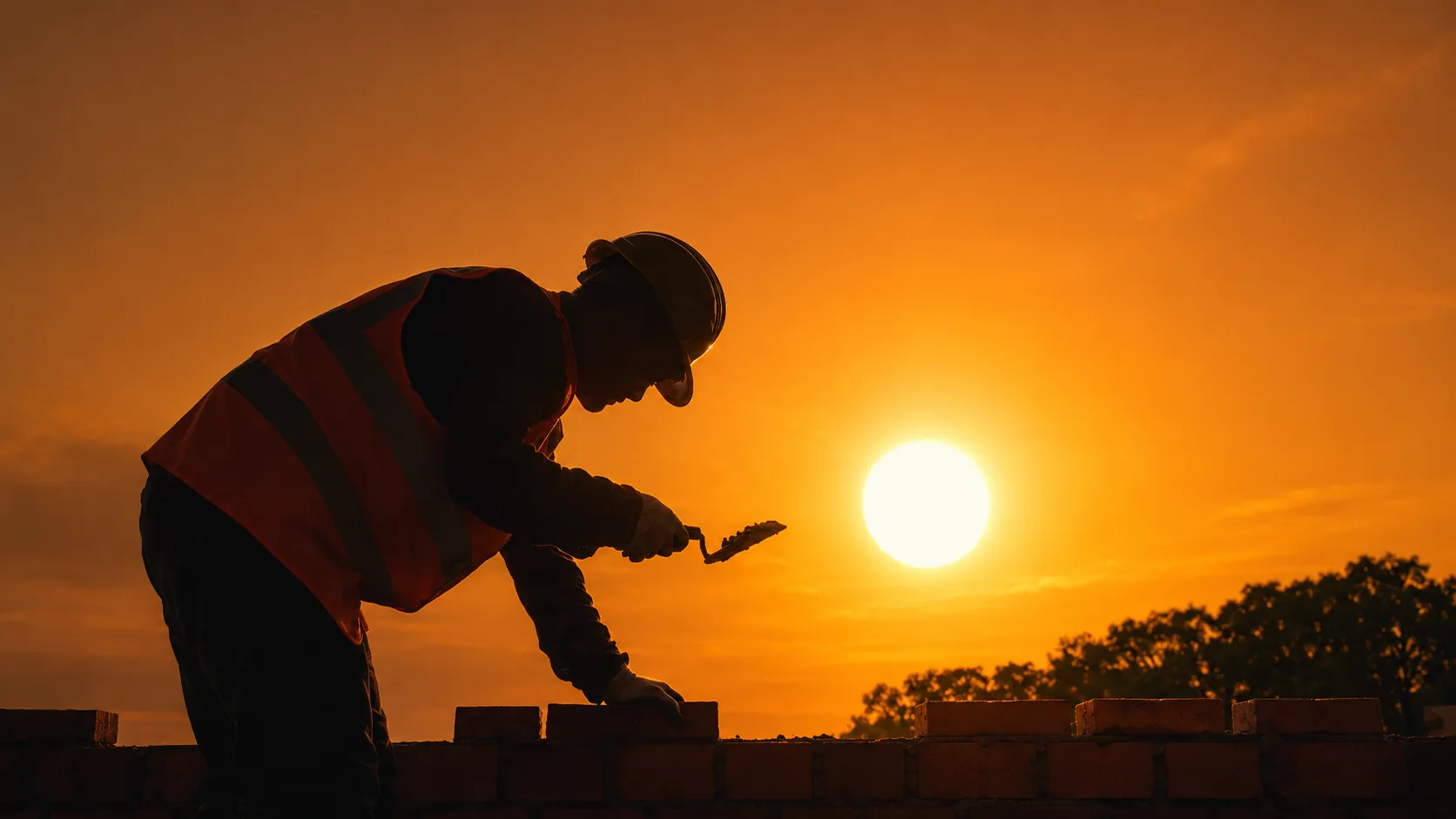 Pedreiro em obra ao pôr do sol